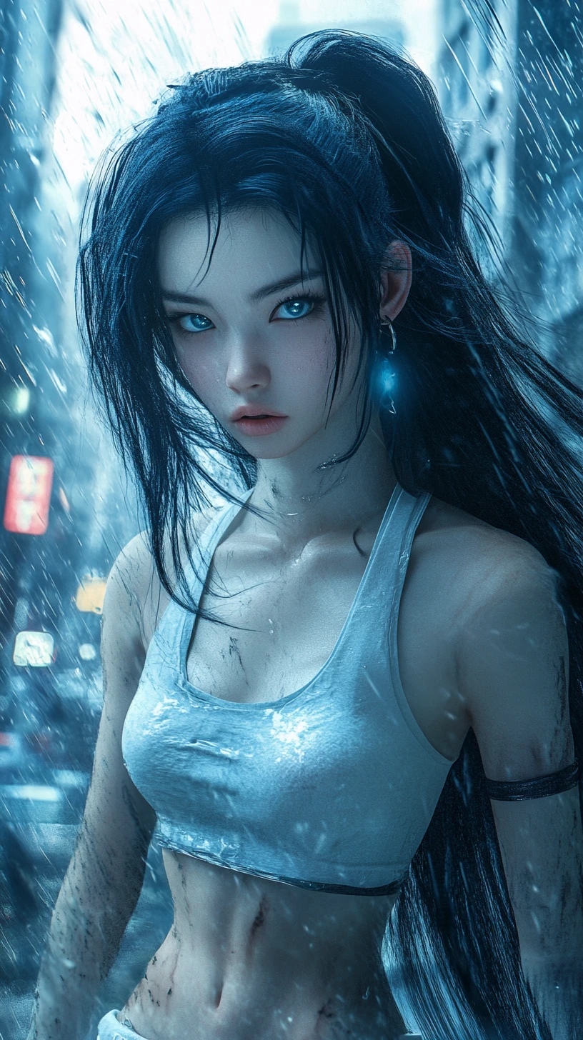 Anime girl in a white outfit standing in a city street