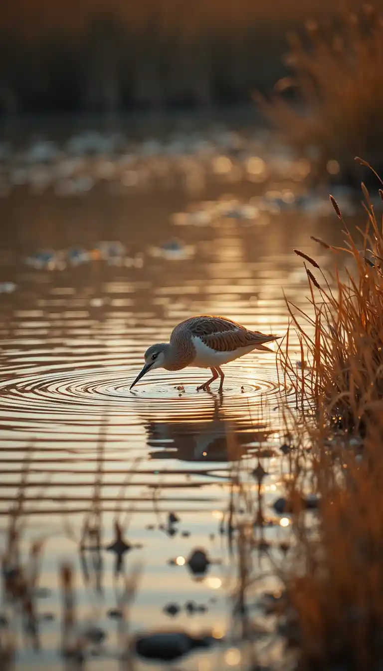 Oiseau de rivage solitaire marchant dans les eaux peu profondes dorées d’un lagon au coucher du soleil
