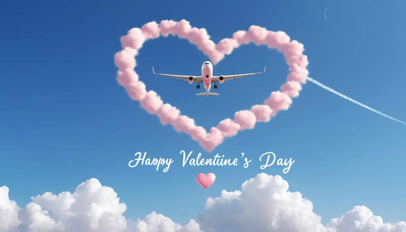 Aereo che scrive un messaggio di felice San Valentino nel cielo di nuvole