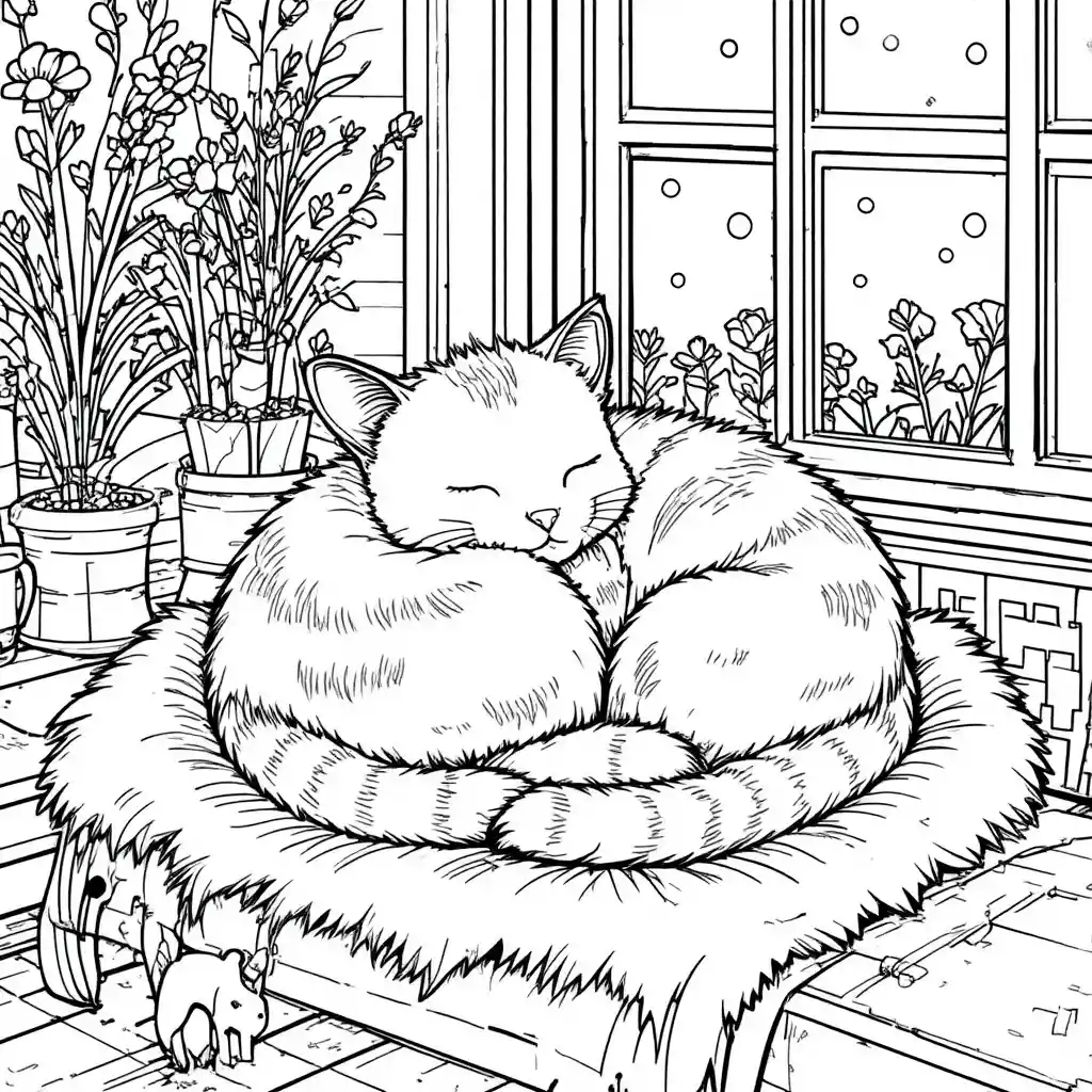 Cozy line art cat curled on blanket by window