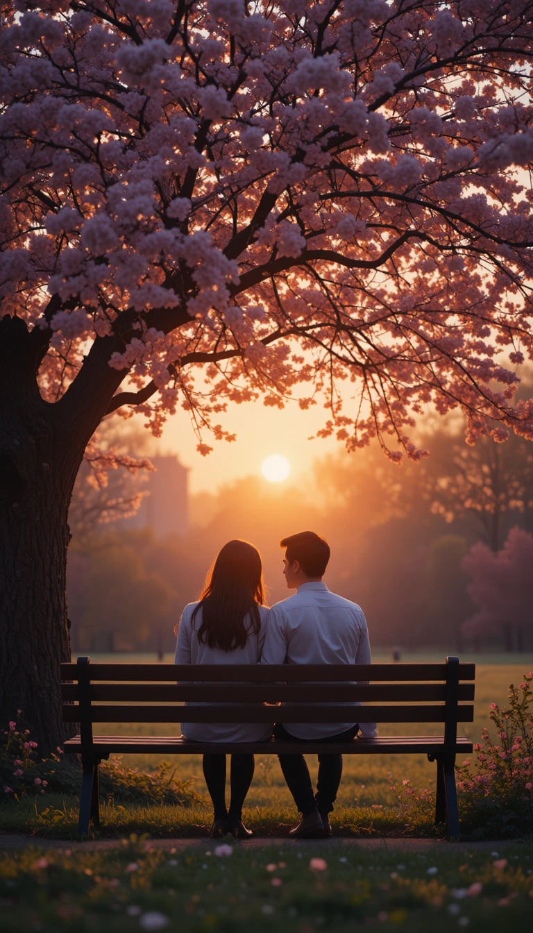 Couple romantique sur un banc sous des cerisiers en fleurs au coucher du soleil