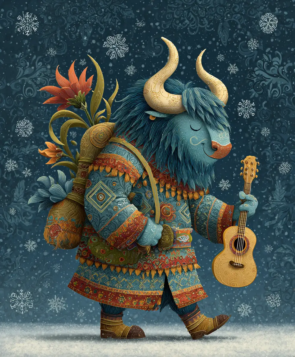 Whimsical traveling buffalo carrying a guitar through snow