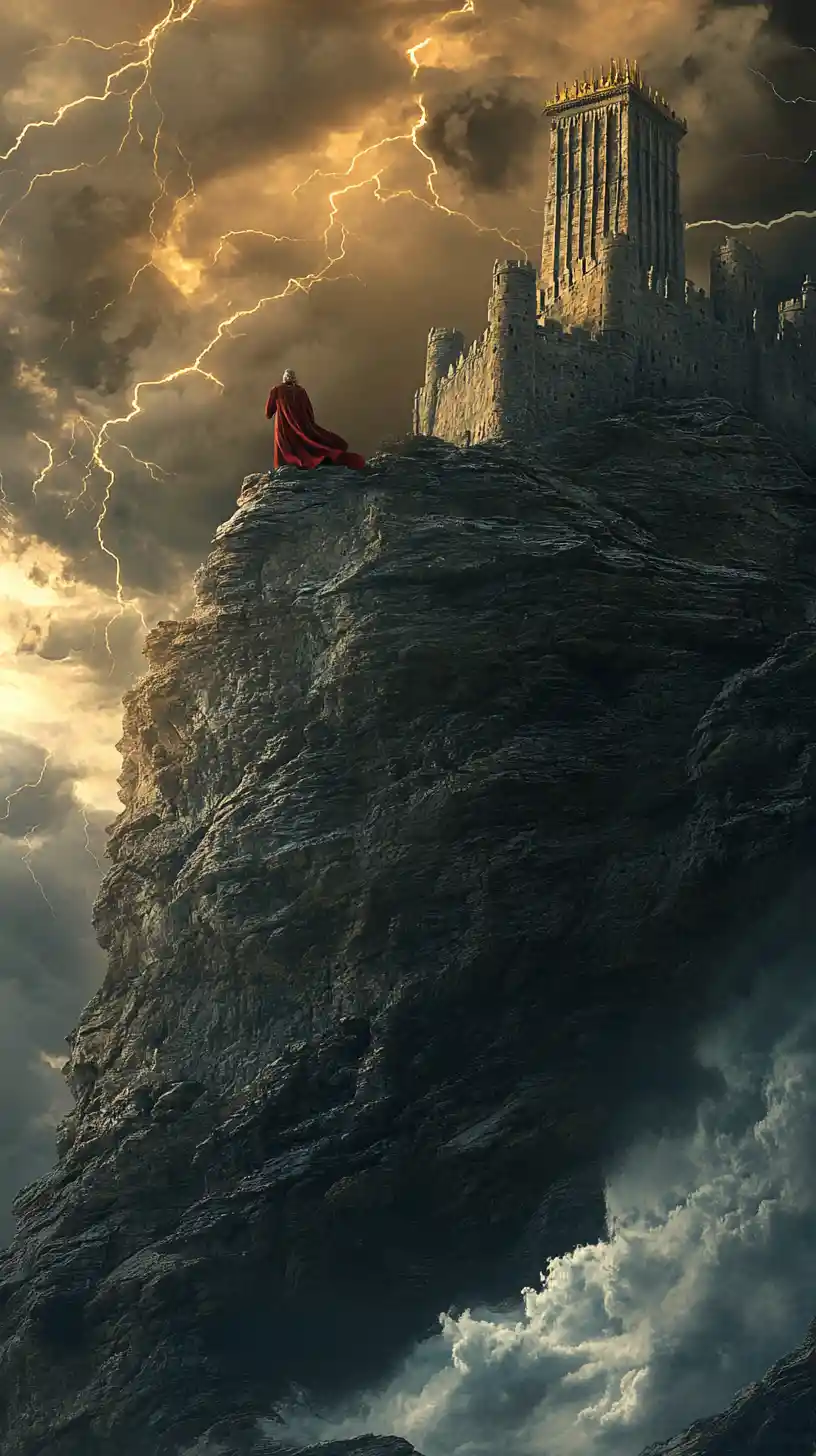 Fantasy king on cliff before stormy castle fortress