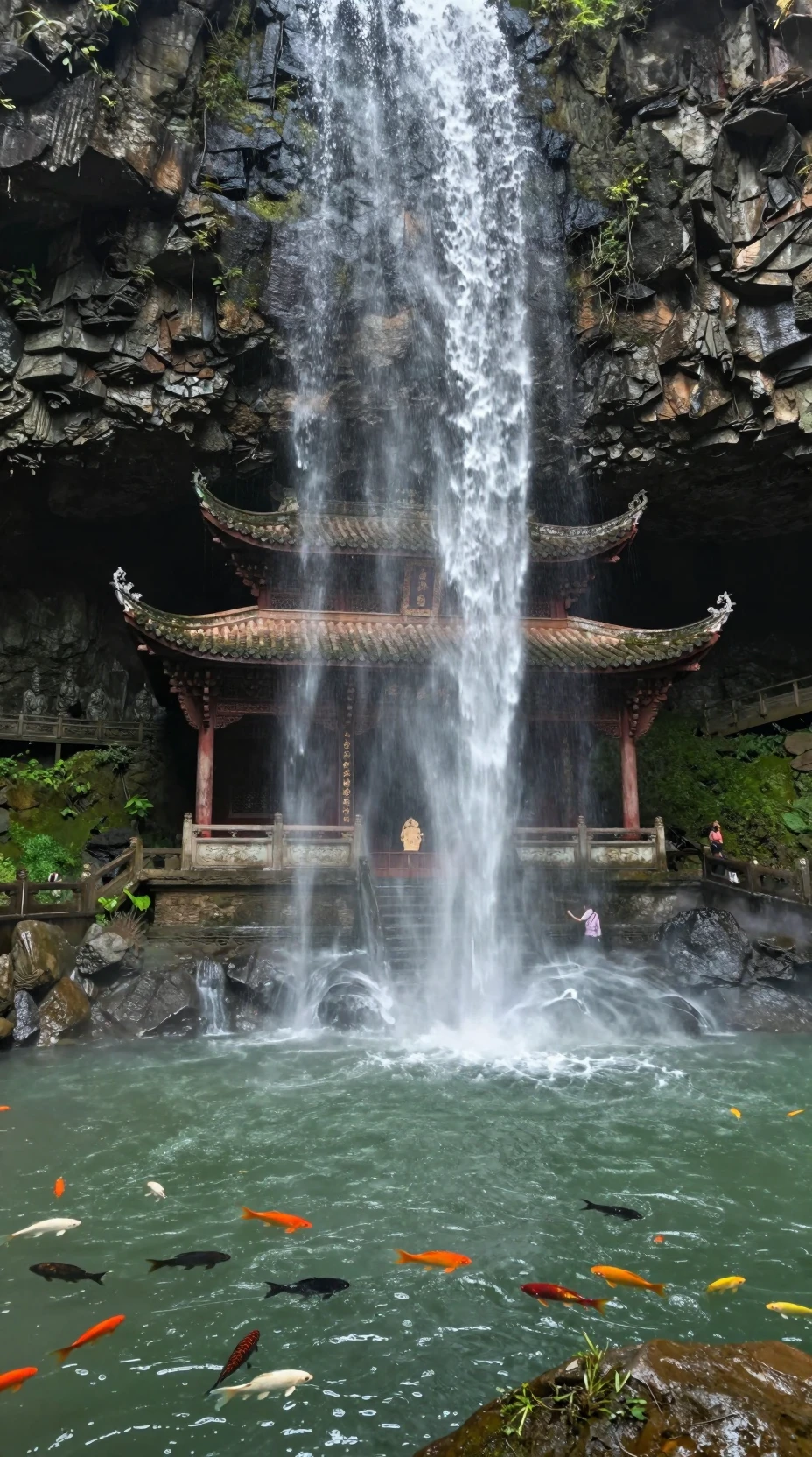 Antiguo templo bajo una cascada en una cueva