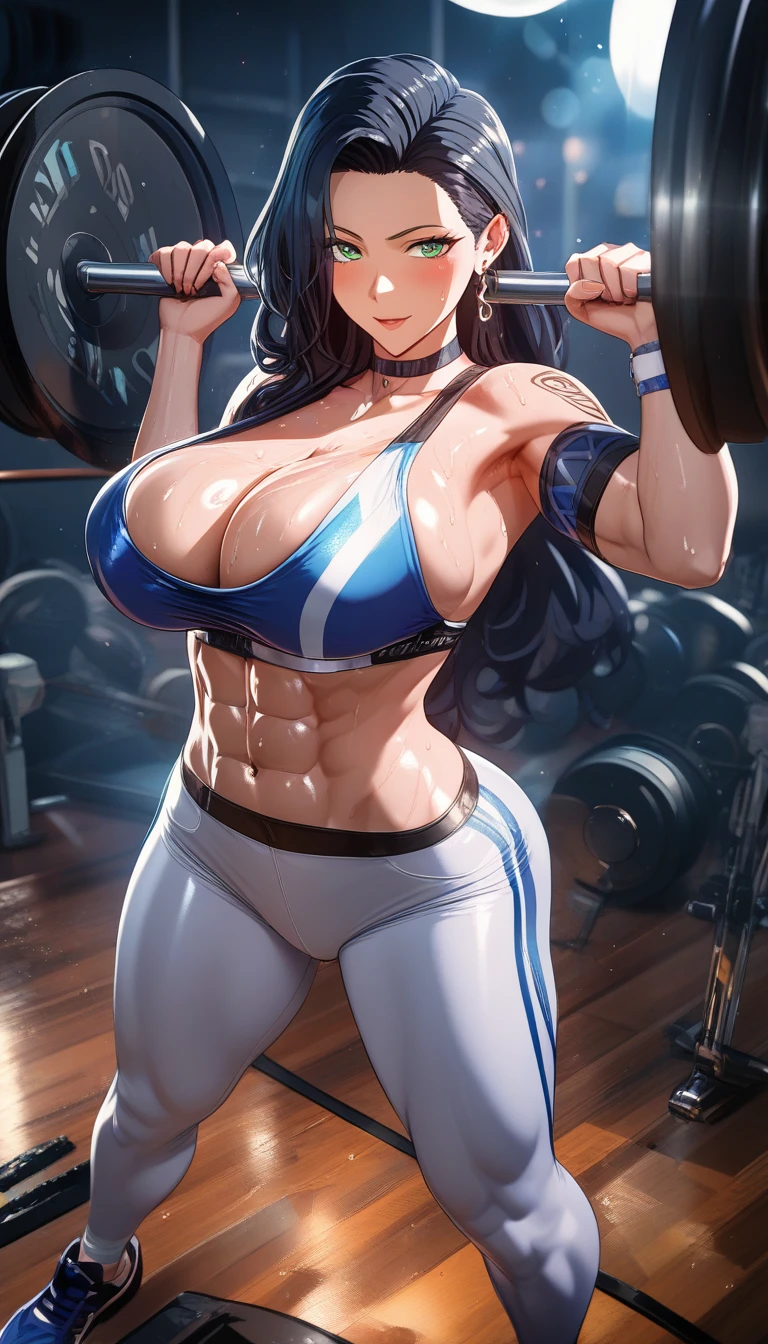 Tall athletic woman lifting weights in a gym