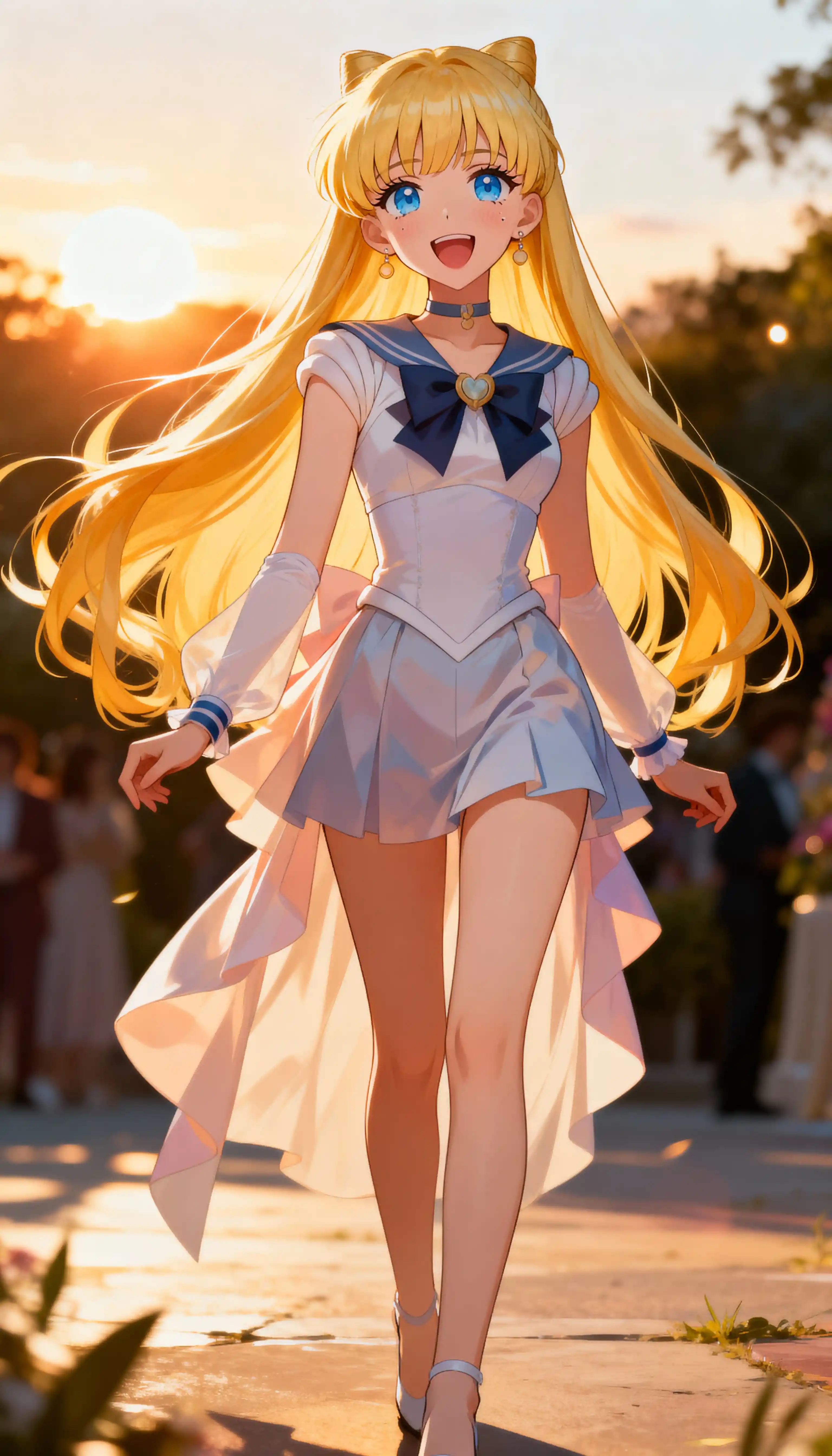 Fröhliche blonde Anime-Frau im goldenen Abendlicht im Freien