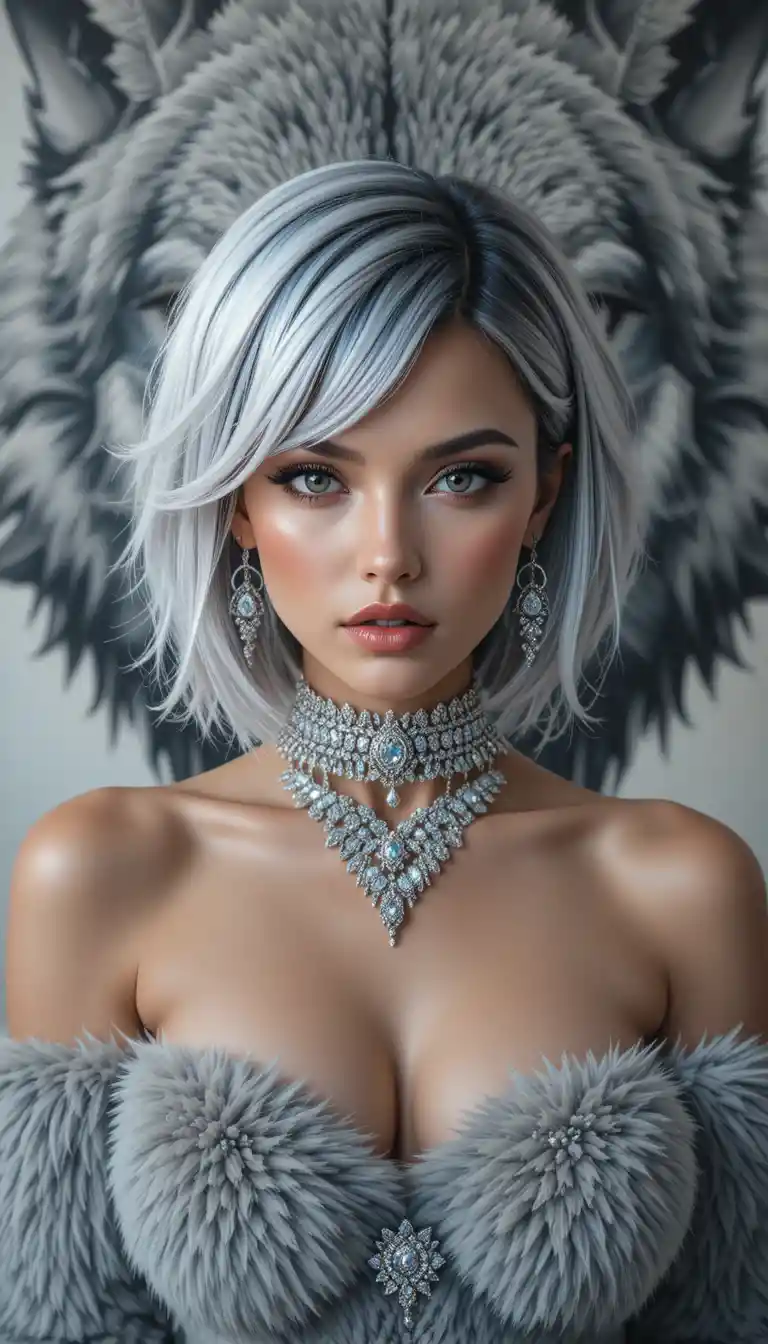 Retrato de beleza intensa com cabelo inspirado em lobo e diamantes