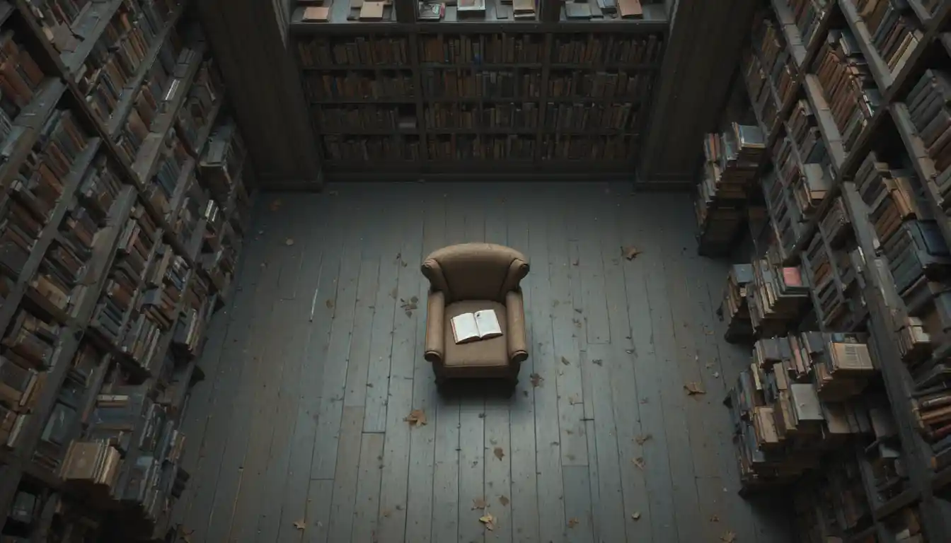 Top down view of a quiet library with single armchair