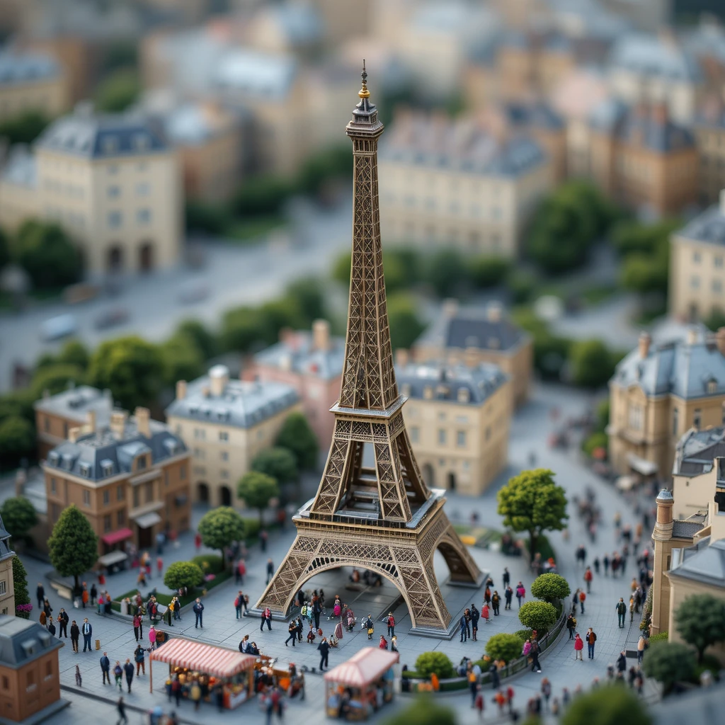 Escena en miniatura de la ciudad de París con la Torre Eiffel y turistas