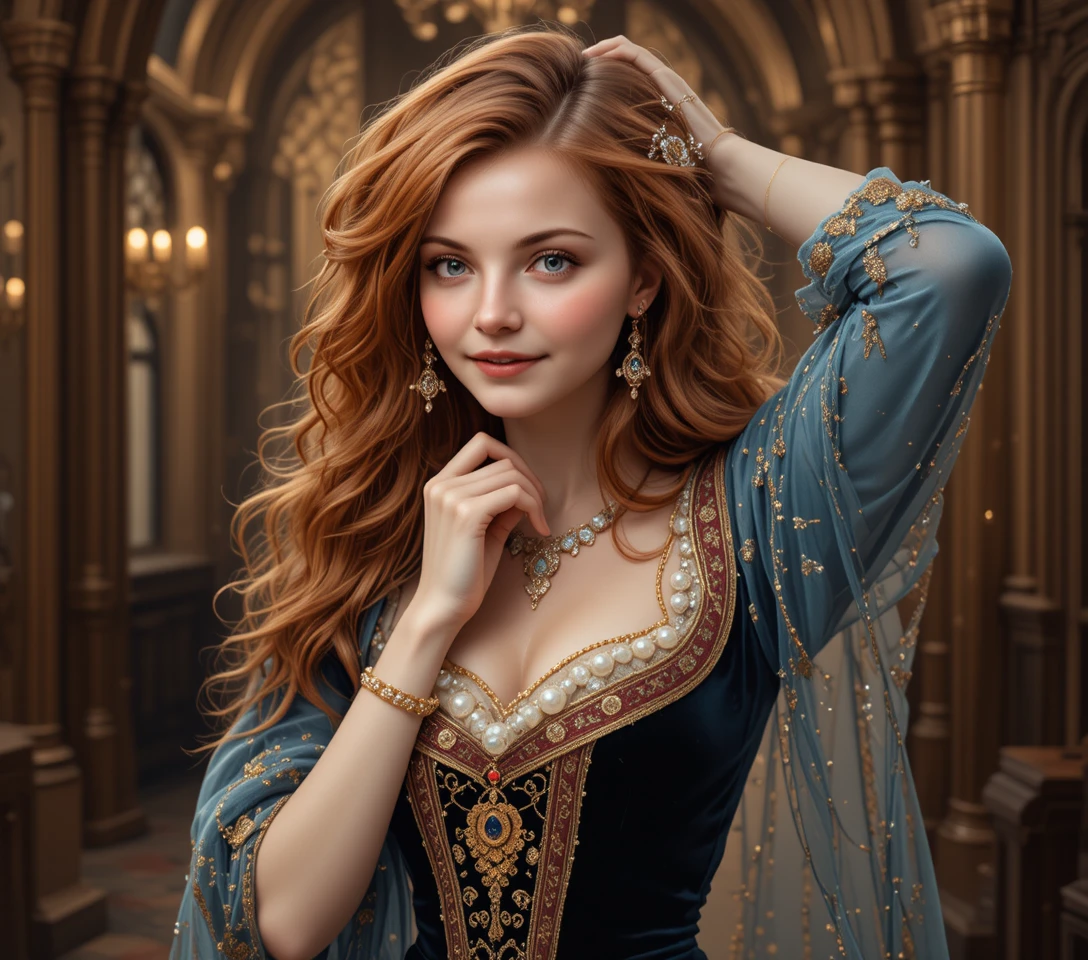 Ritratto di elegante donna medievale in abito di velluto