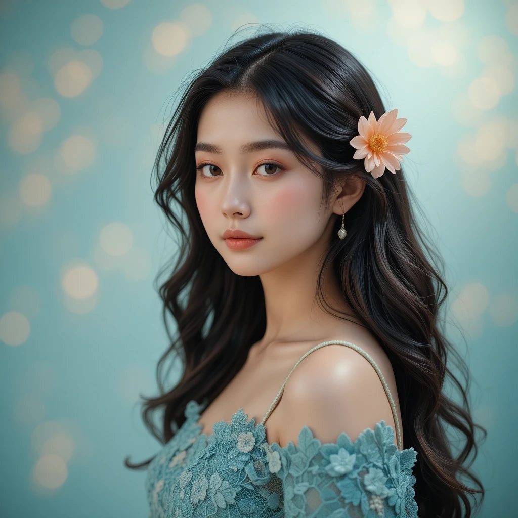 Young asian woman in teal lace off shoulder dress
