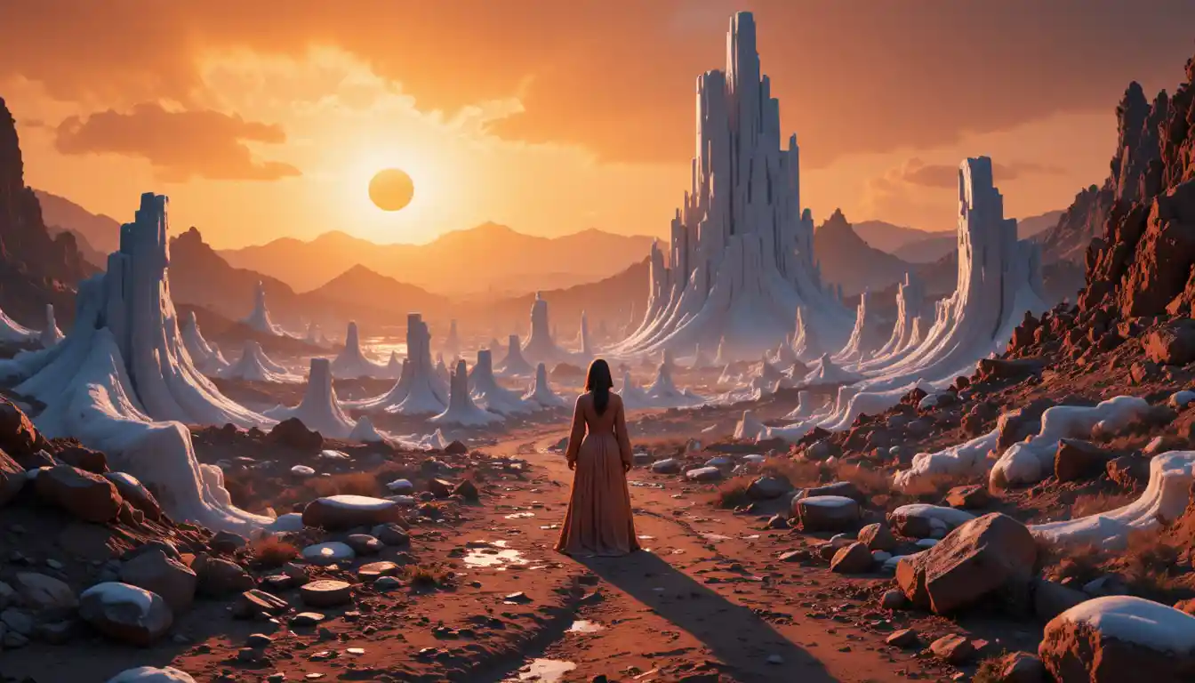 Backlit spacecraft on a lonely alien canyon road