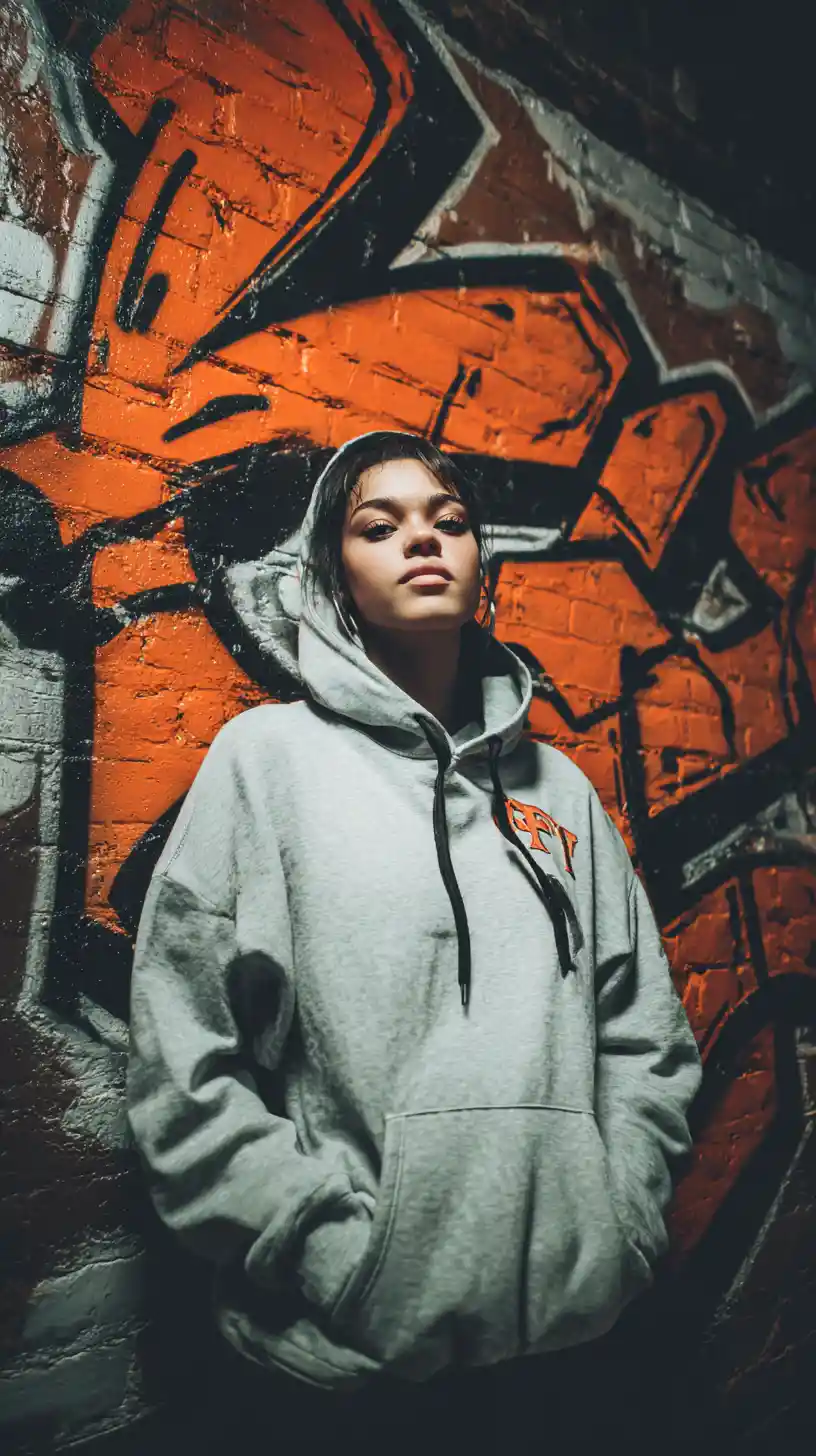 Defiant young woman in hoodie against graffiti brick wall