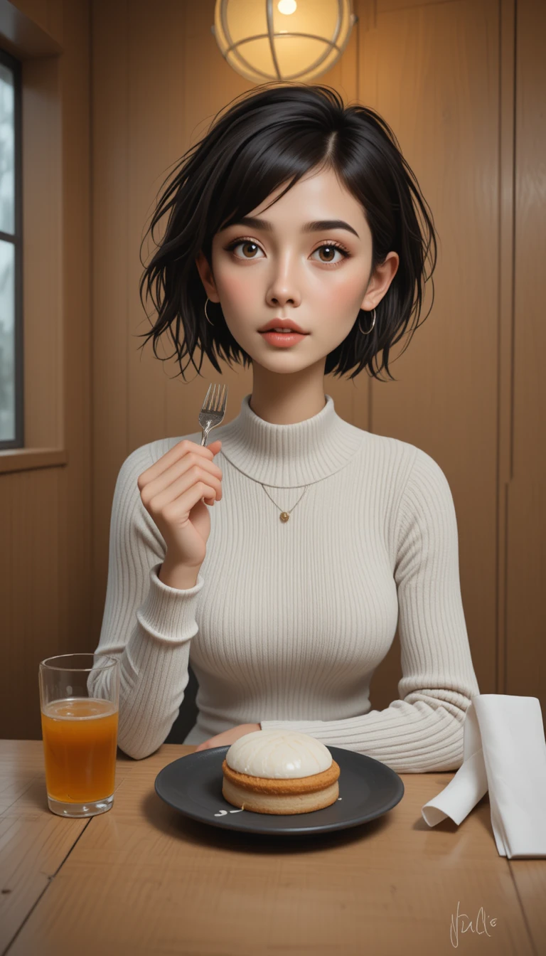 Young asian woman eating dessert in a cozy restaurant