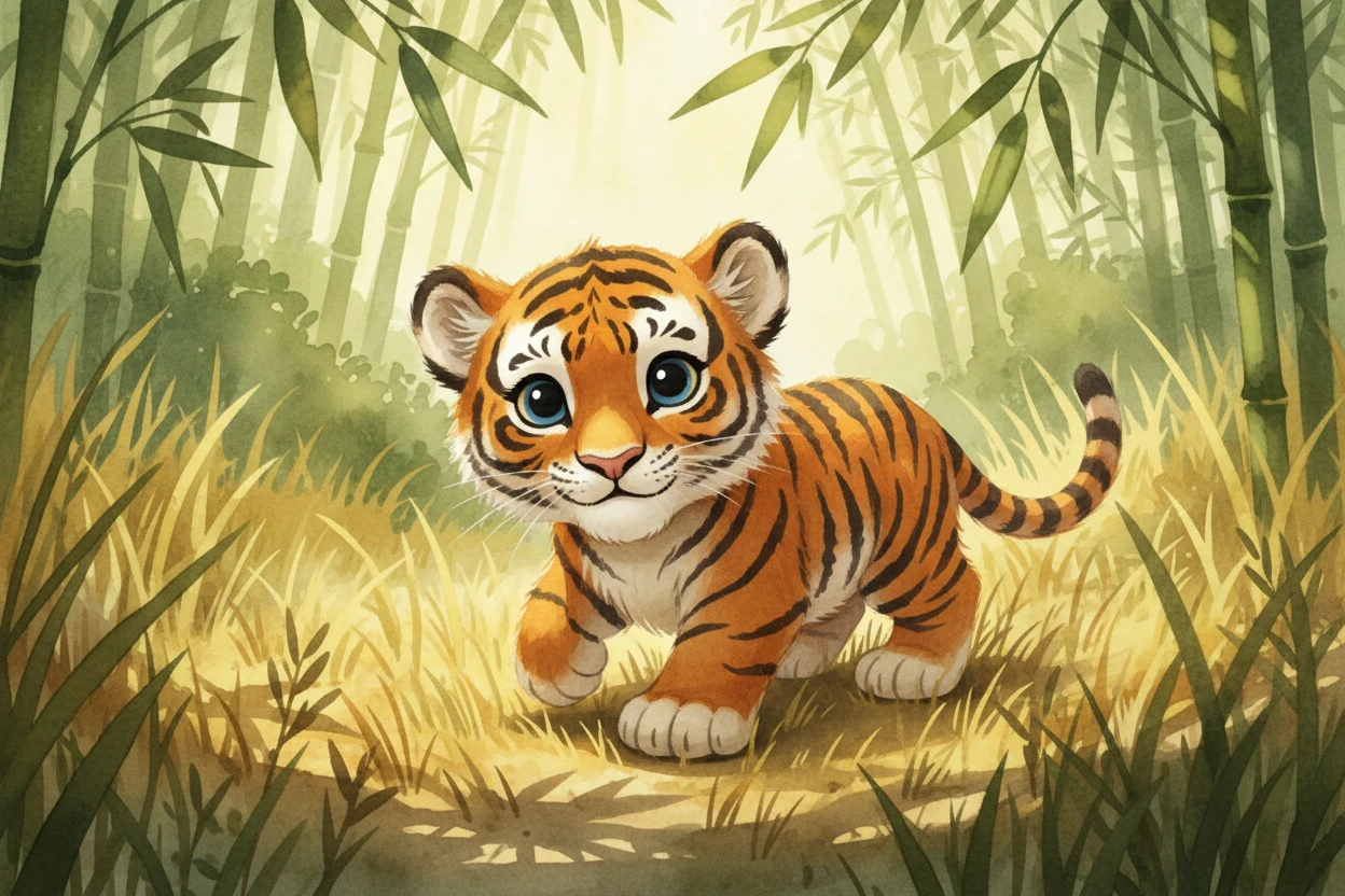 Junger Tiger im goldenen Gras – Aquarell-Waldszene