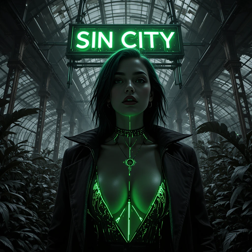 Donna noir sotto insegna al neon in serra sotterranea