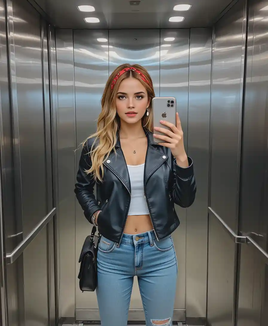 Donna alla moda che si scatta un selfie allo specchio in ascensore