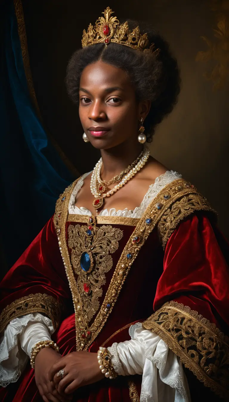 Regal black queen in red velvet royal oil portrait