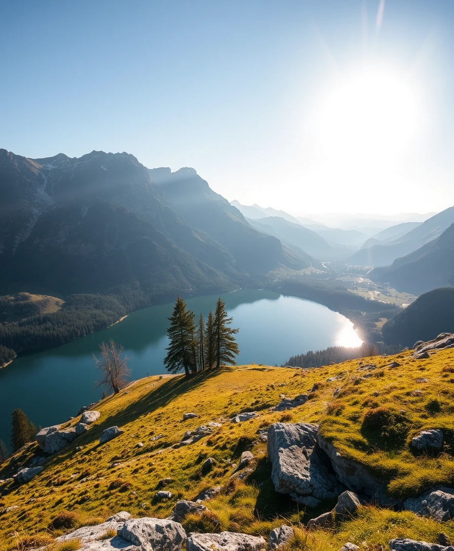 Sonnige Schweizer Bergseelandschaft im frühen Frühling