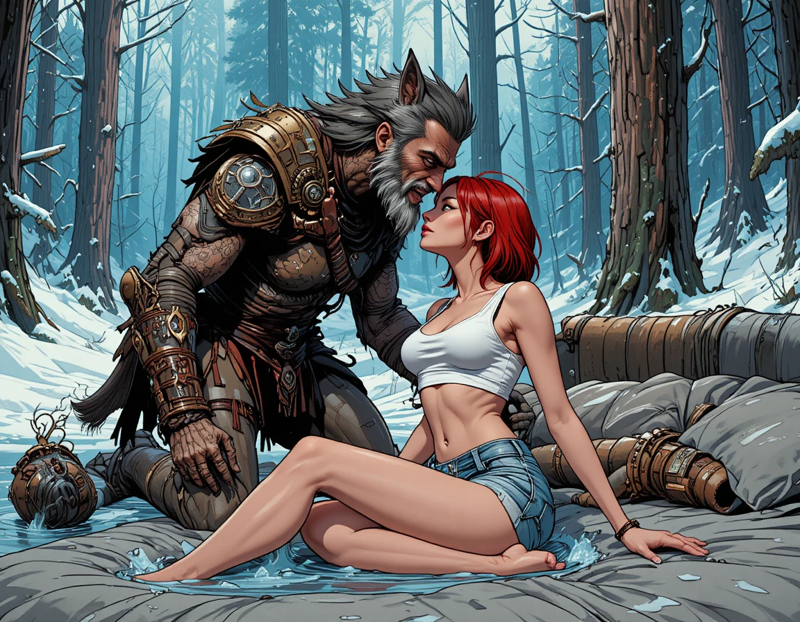 Armored werewolf warrior dominating foes in snowy forest