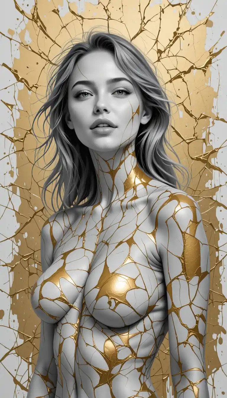 Monochrome portrait of a girl with cracked gold body art