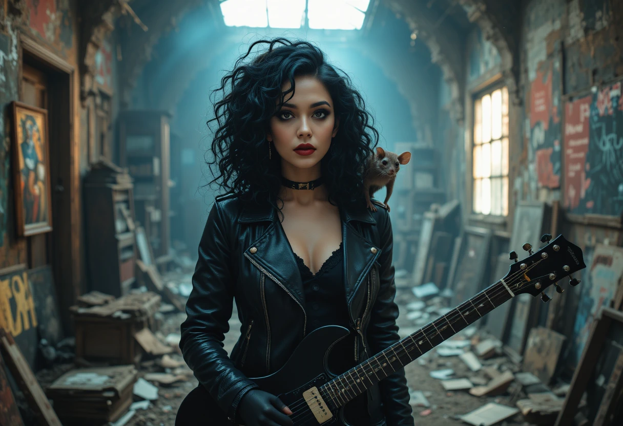 Gothic-Frau mit Gitarre in einem verfallenen dunklen Studio