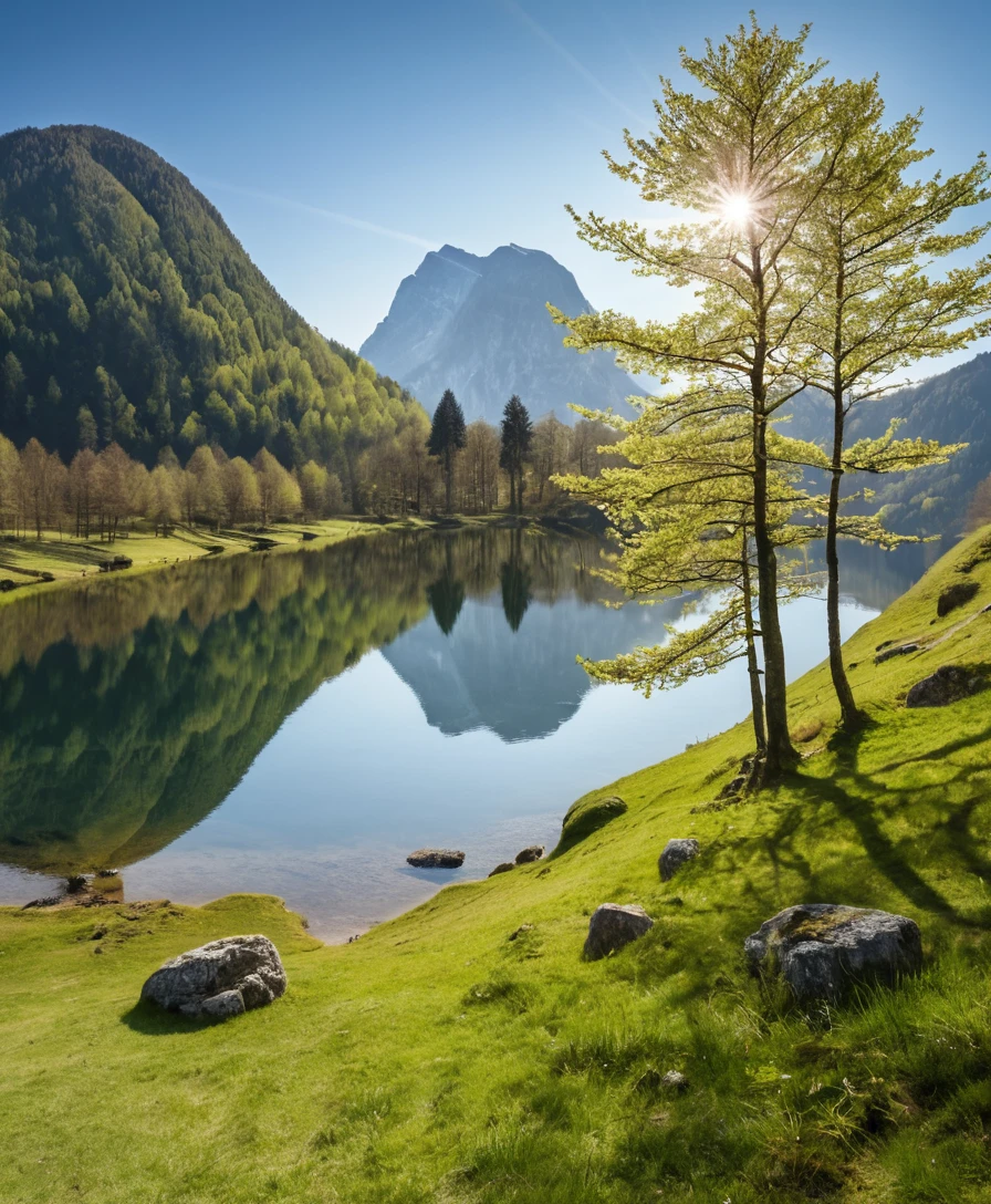 Paesaggio soleggiato di lago di montagna svizzero con alberi primaverili