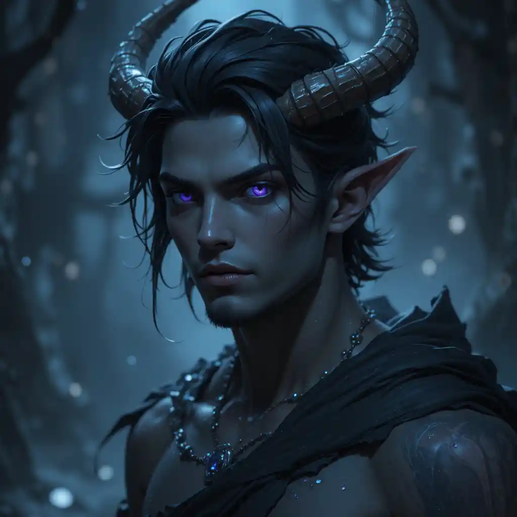 Dark skinned fantasy god with violet eyes and black hair