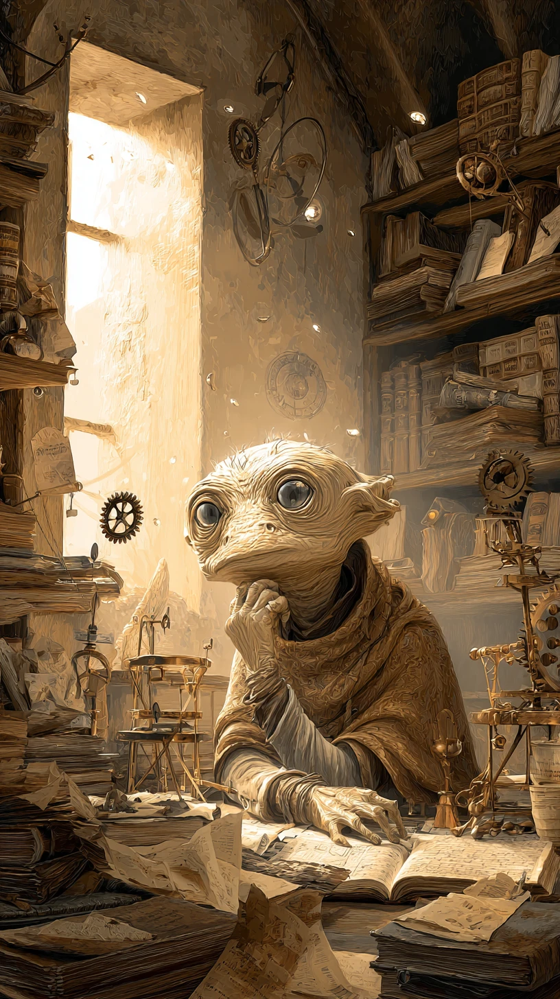 Anthropomorphic ancient book in a cluttered scholar study