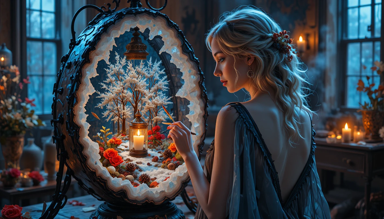 Gothic woman painting a glowing winter geode landscape