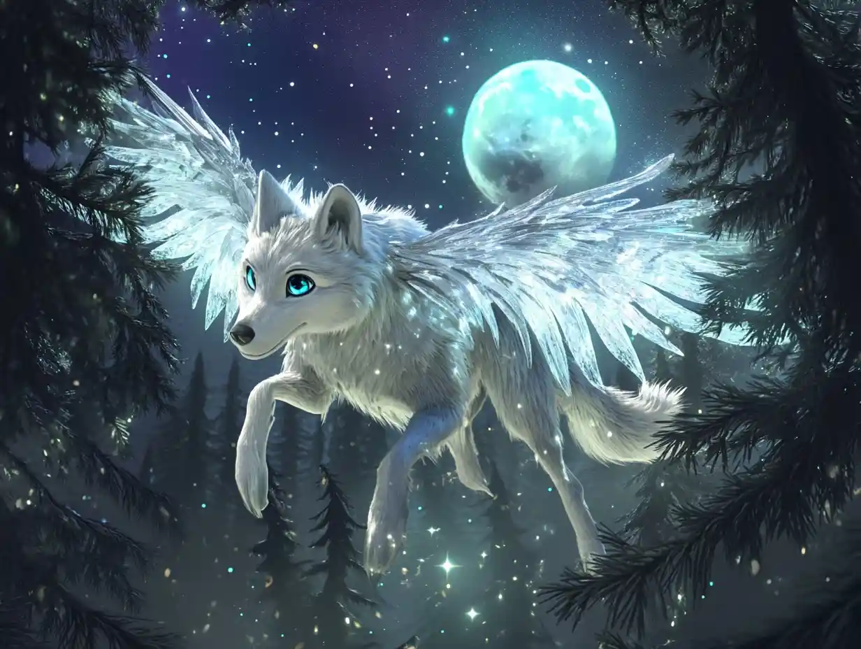 Silver winged wolf lunging through moonlit forest