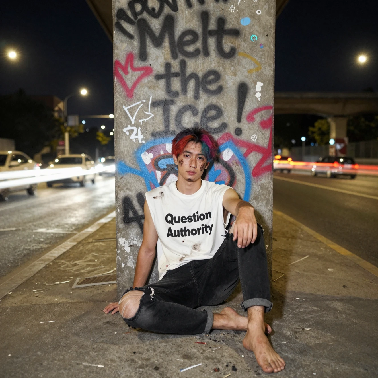 Young man sitting by graffiti pillar on city overpass