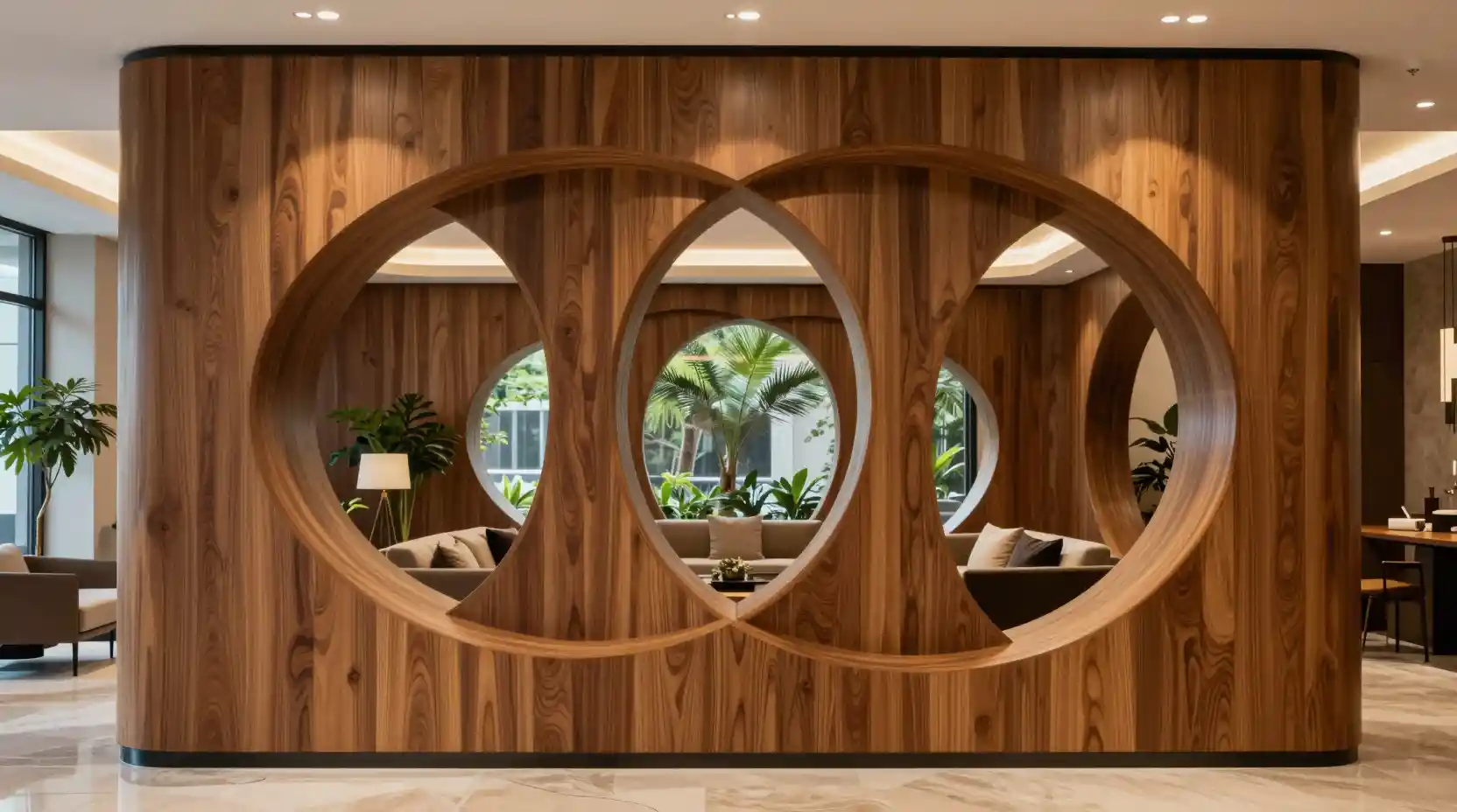 Sculptural Wooden Partition In Modern Living Room Interior