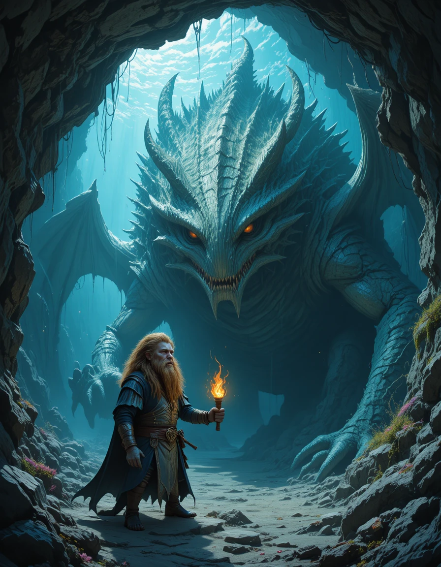 Lion warrior in an underwater cave facing a dragon