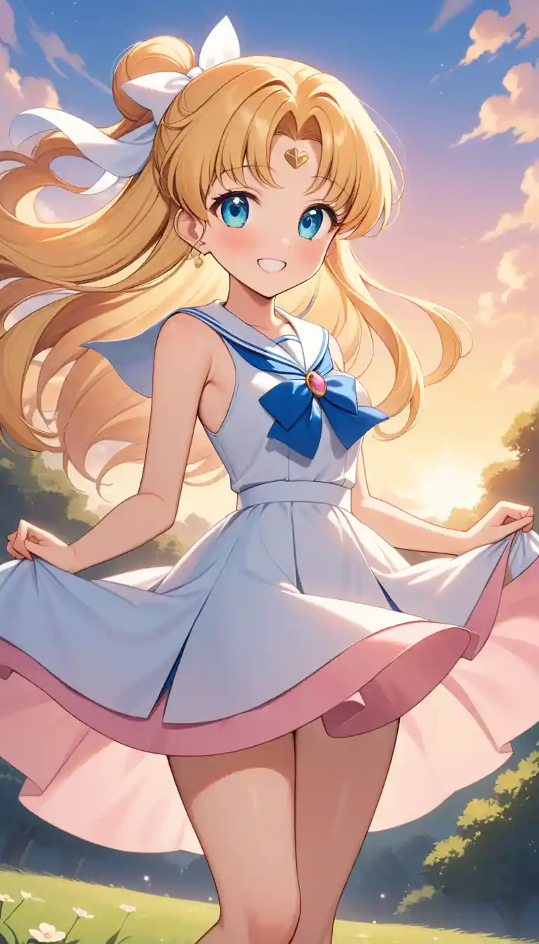 夕暮れの屋外で微笑む金髪のアニメ少女
