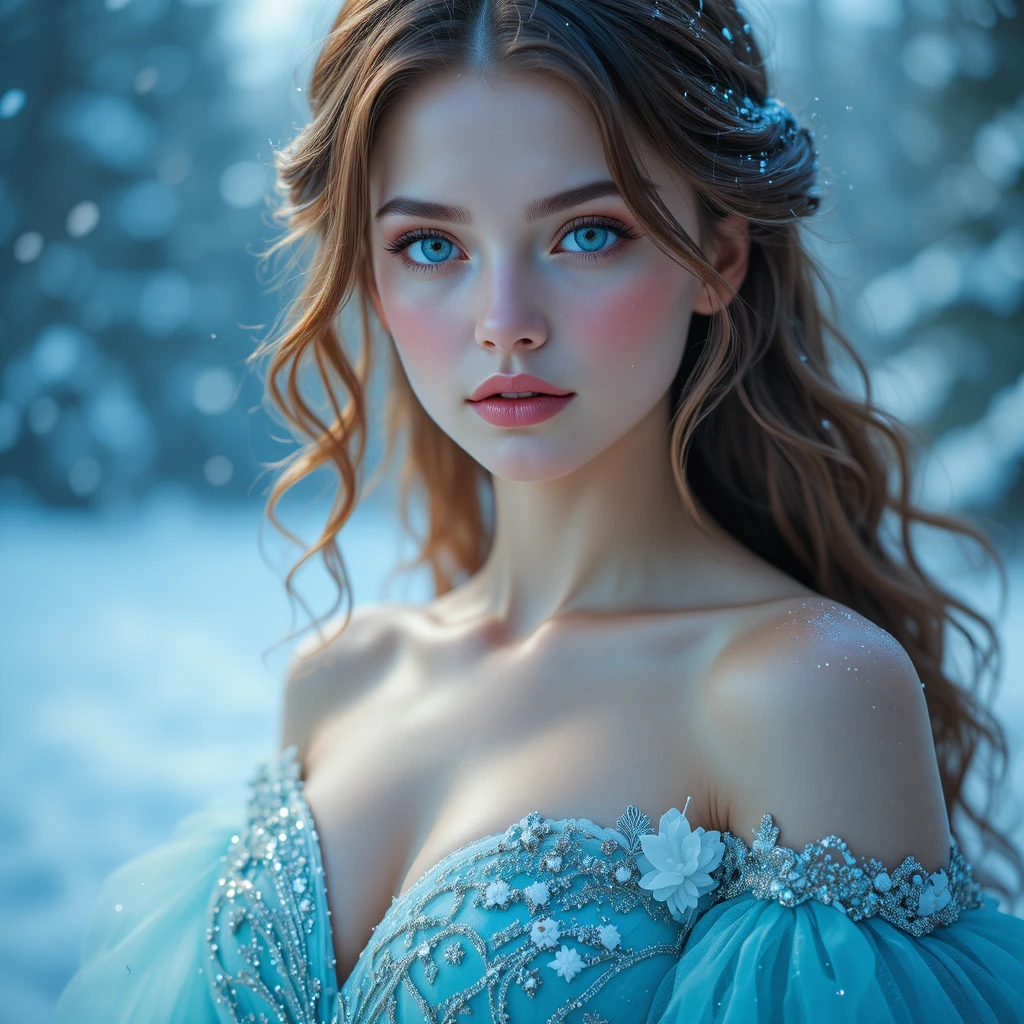 Mystical girl in blue gown against falling Arctic snow