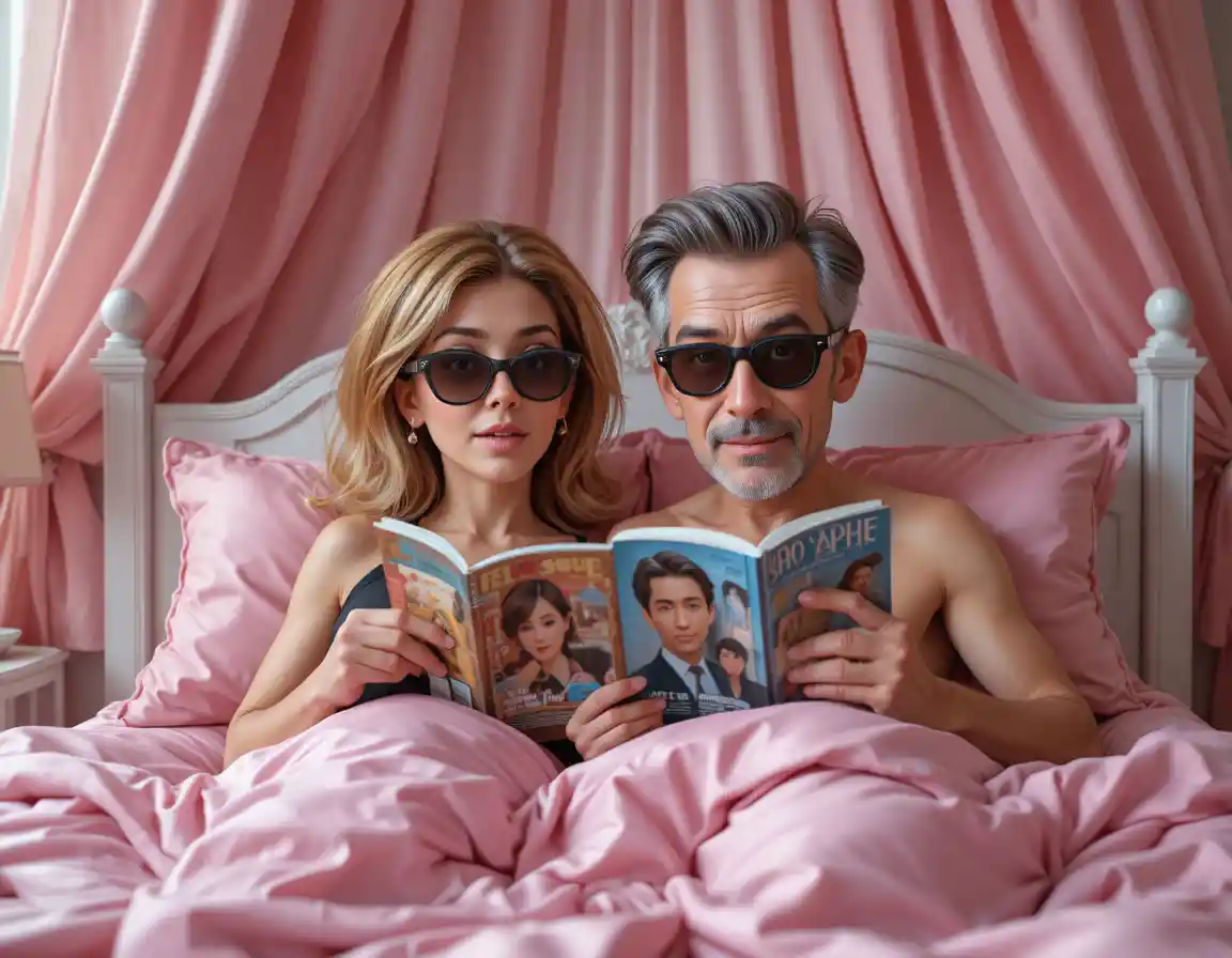 Middle aged couple reading magazines in pink bedroom