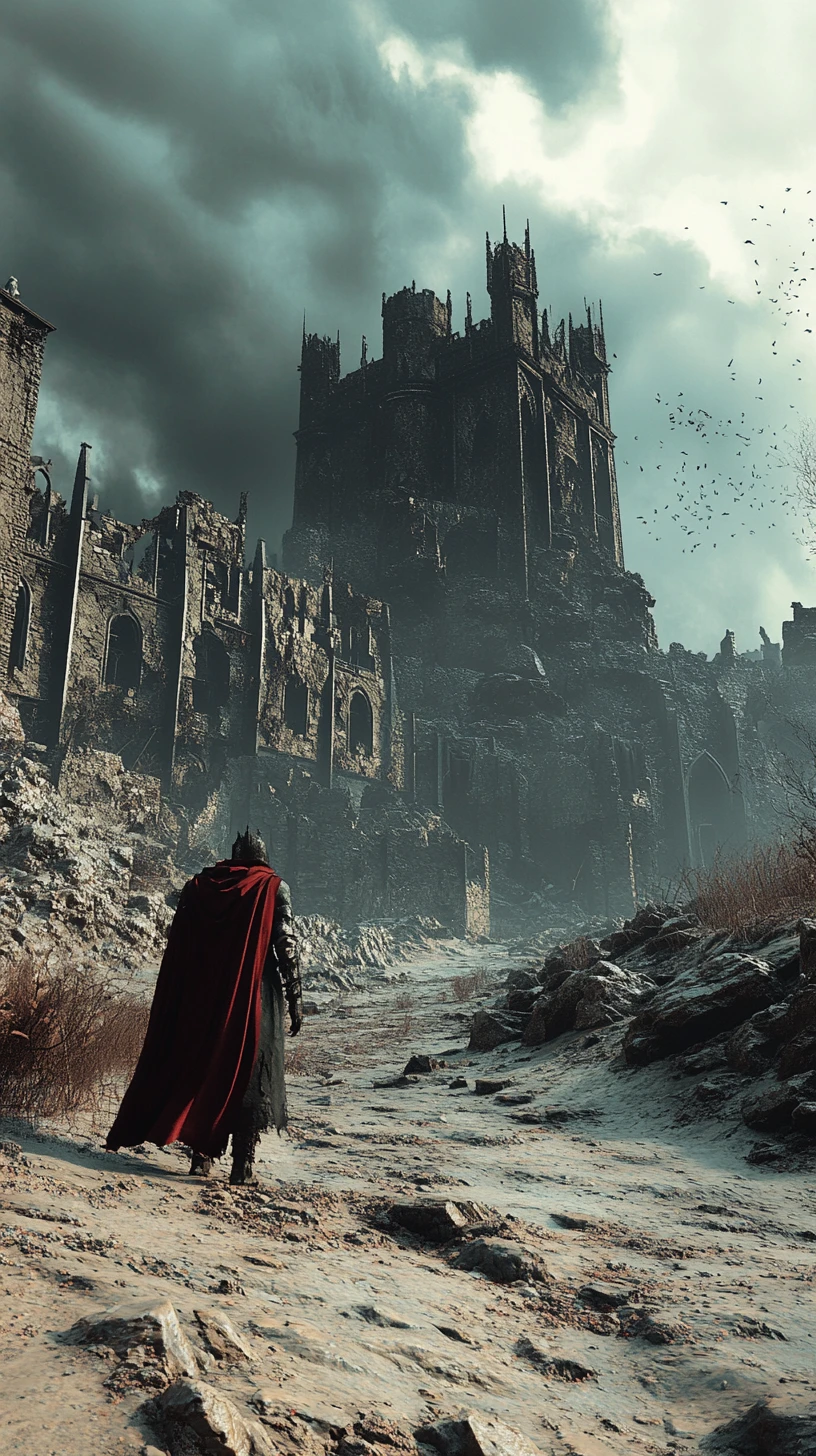 Ruined castle rising over a barren rocky wilderness
