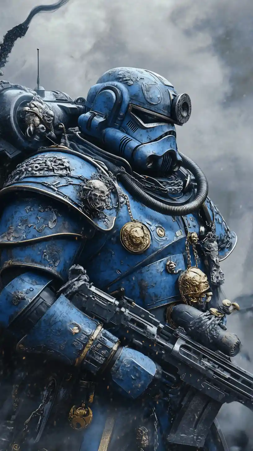 Esercito di stormtrooper corazzati che emerge da una densa nebbia blu