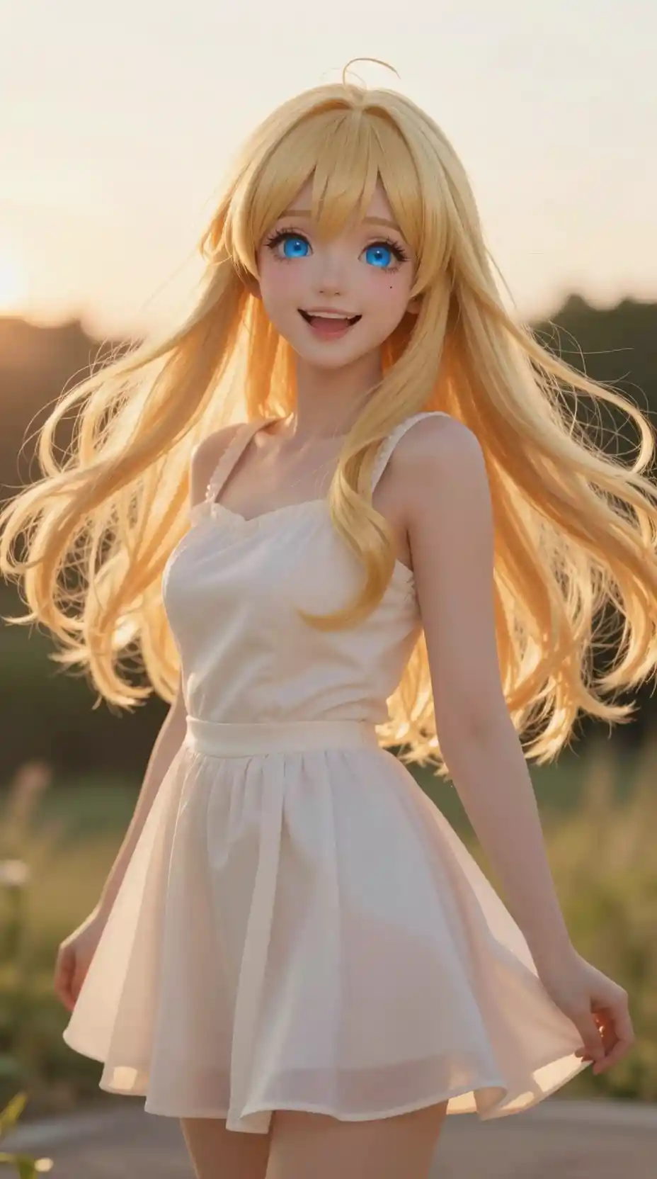 Jeune fille anime blonde et joyeuse en extérieur à l’heure dorée