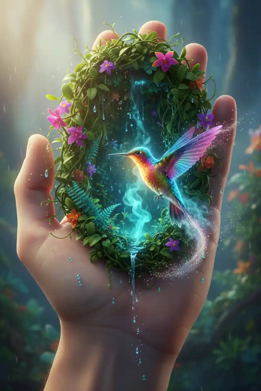 Surreal hummingbird spirit above a tiny tropical world
