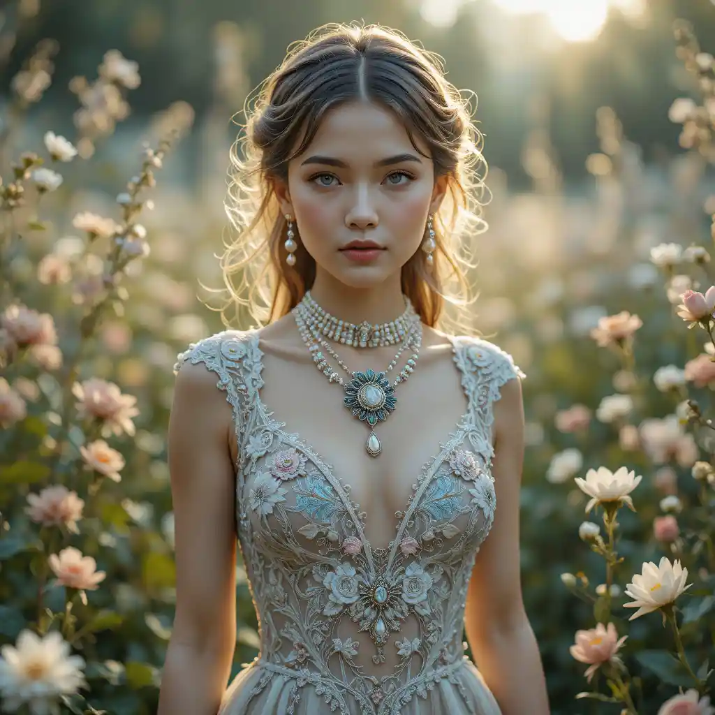 Young woman in lace among pastel flowers at golden hour