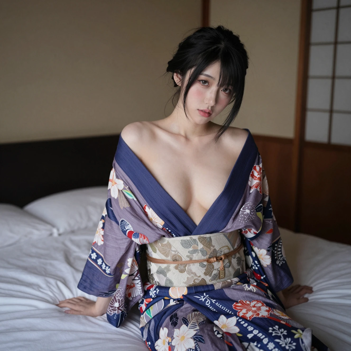 Japanese woman in kimono robe in a serene bedroom