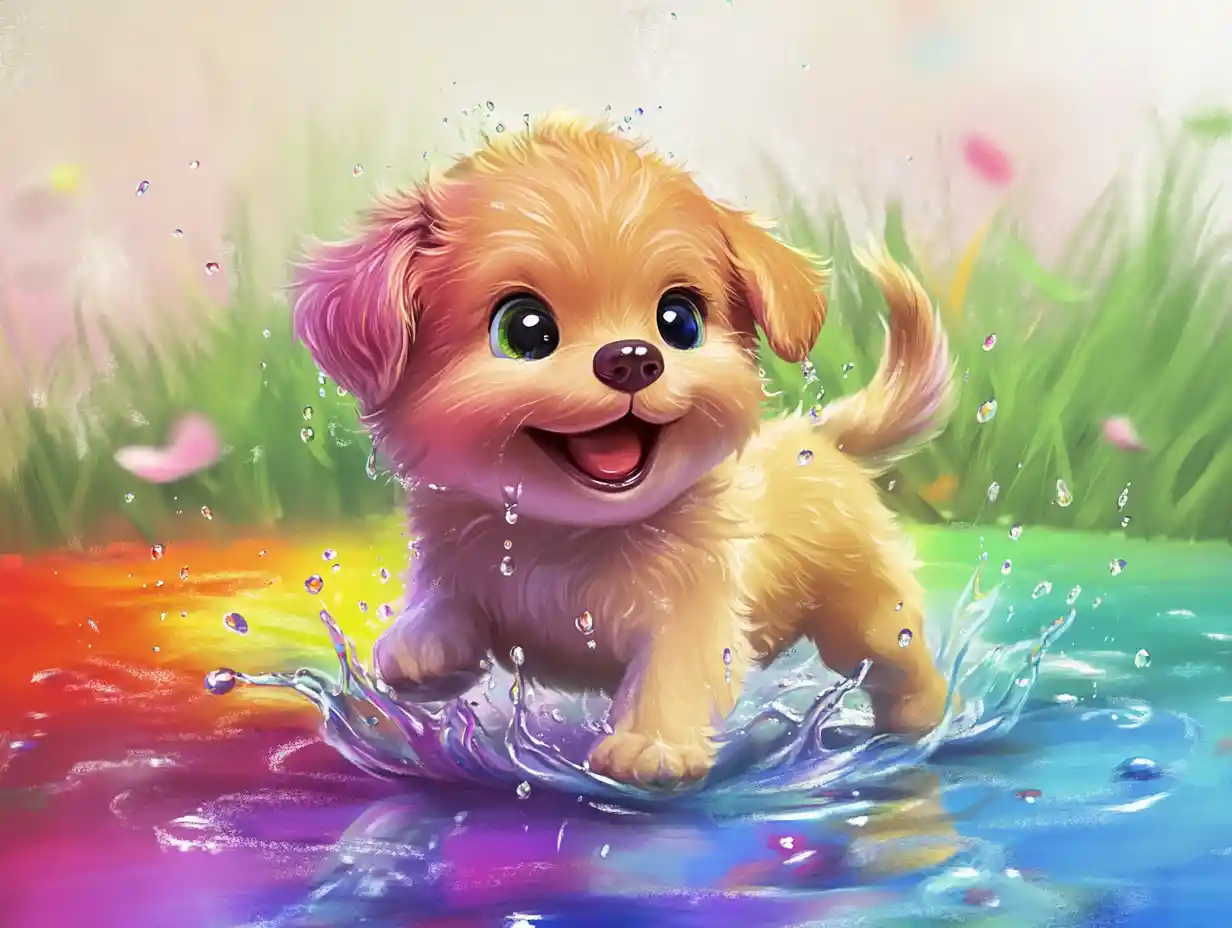 Playful puppy splashing in a colorful rainbow puddle