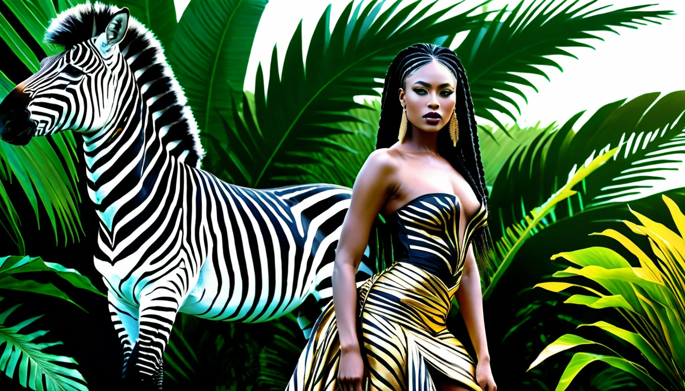 Mulher africana em alta-costura de zebra com majestoso companheiro zebra