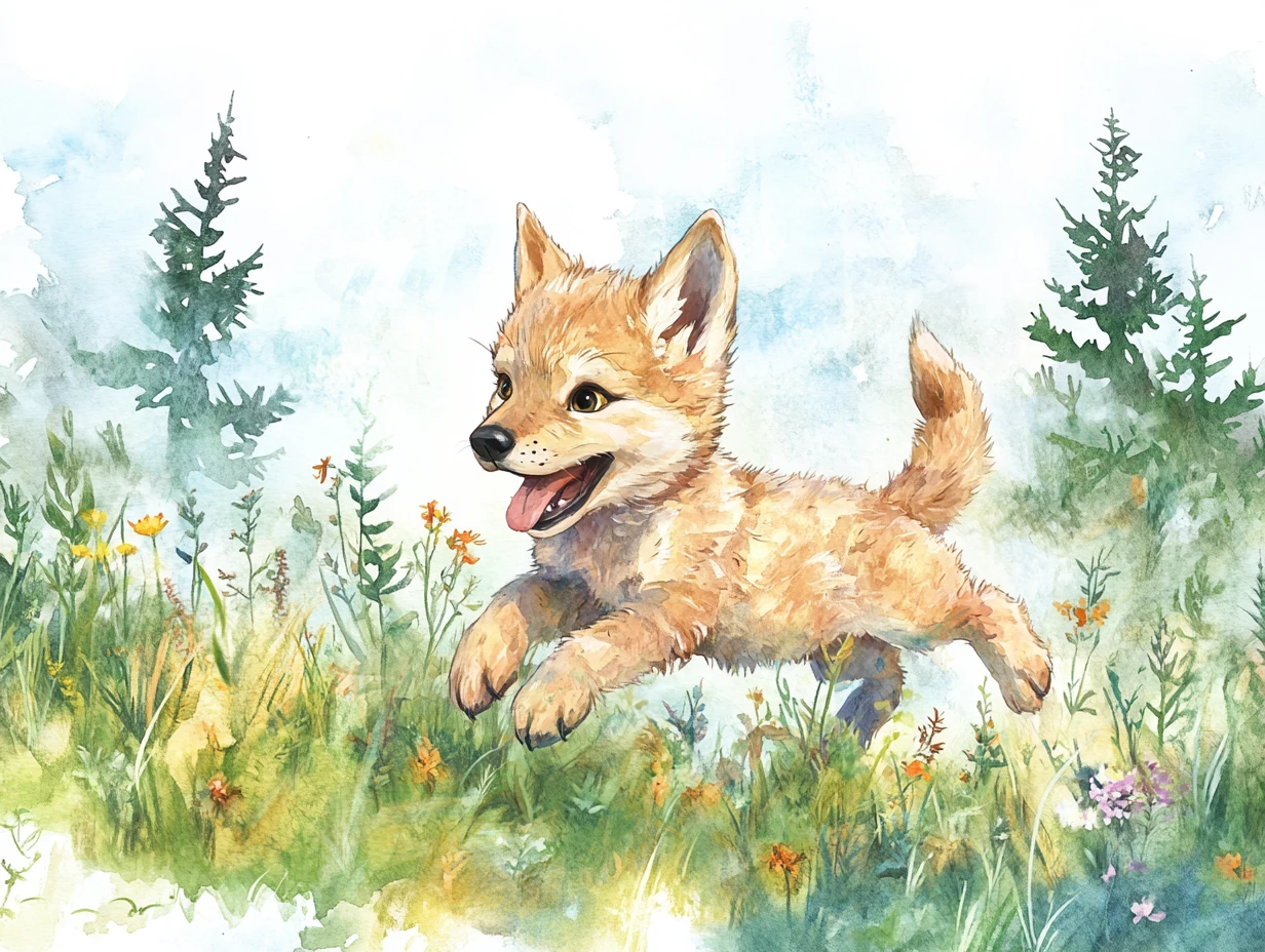 Playful wolf pup in summer grass by a forest meadow