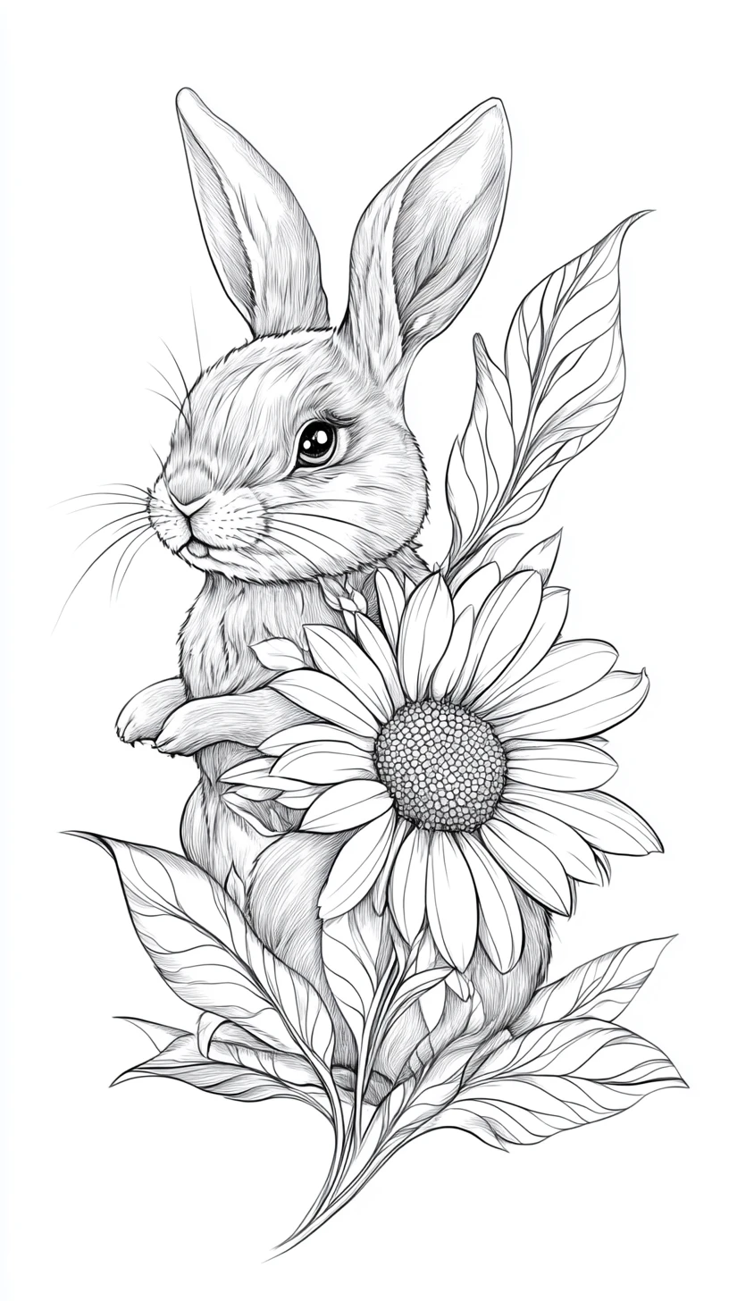 Gentle rabbit merged with a simple flowering daisy plant