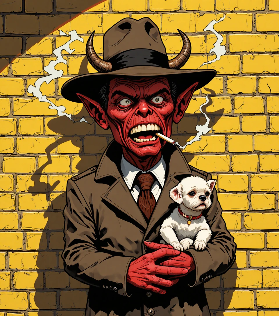 Comic-Dämon im Trenchcoat hält kleinen Hund an der Wand