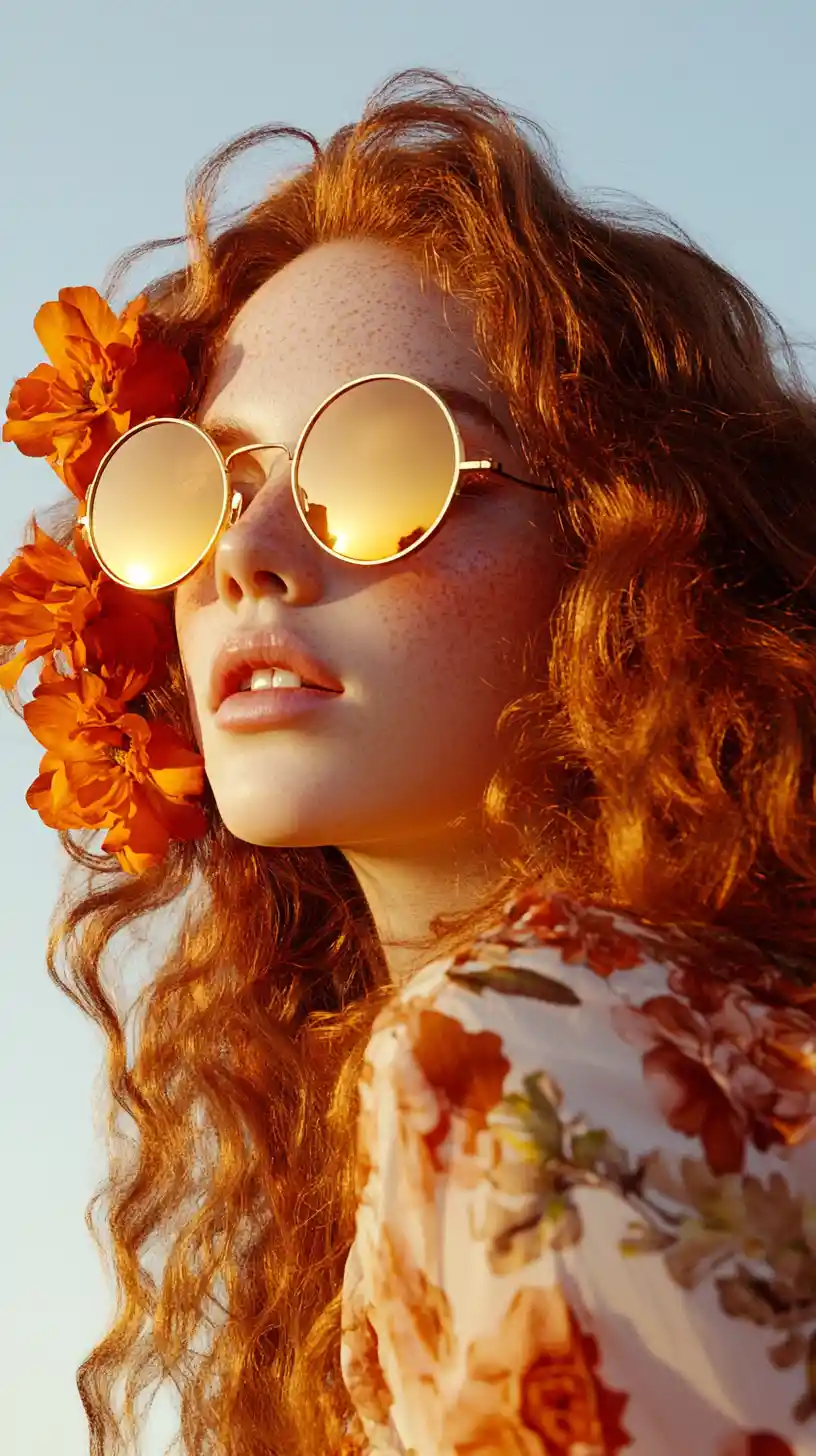 Red haired young woman in golden sunset portrait