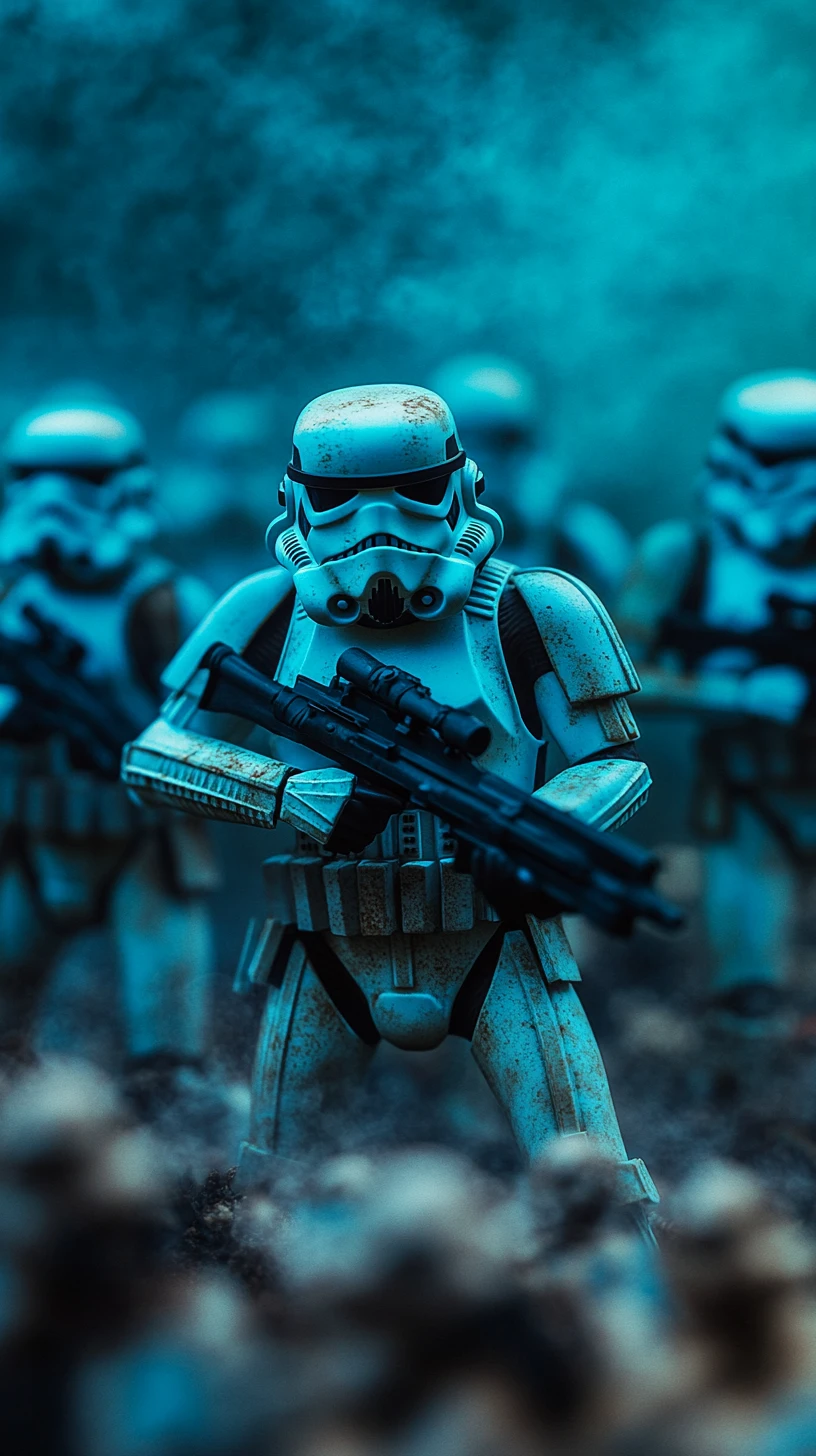 Armored sci fi soldiers in blue standing in heavy fog